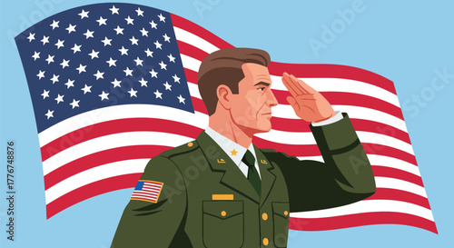 Proud American military officer in uniform saluting with the US flag in the background. Represents patriotism, honor, service, and respect for veterans and armed forces. Ideal for Veteran Day