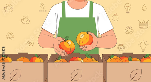 Fresh Fruit Harvest: Artisan Holding Peaches Alongside Sustainable Recycling Boxes