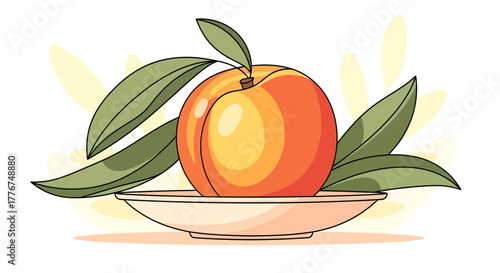 Fresh Fruit Illustration: A Vibrant Peach On A Plate, Featuring Green Leaves Design