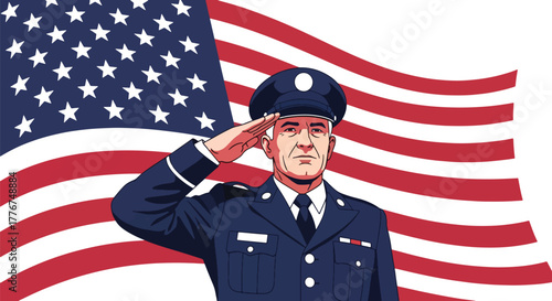 Proud American military officer in uniform saluting with the US flag in the background. Represents patriotism, honor, service, and respect for veterans and armed forces. Ideal for Veteran Day