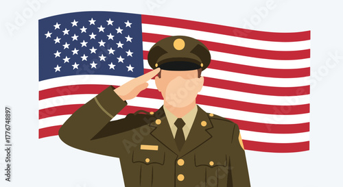Proud American military officer in uniform saluting with the US flag in the background. Represents patriotism, honor, service, and respect for veterans and armed forces. Ideal for Veteran Day