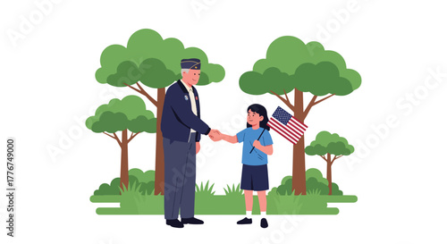 A military veteran shaking hands with a patriotic young girl holding an American flag. Represents respect, thanks, and honoring service and Veterans Day