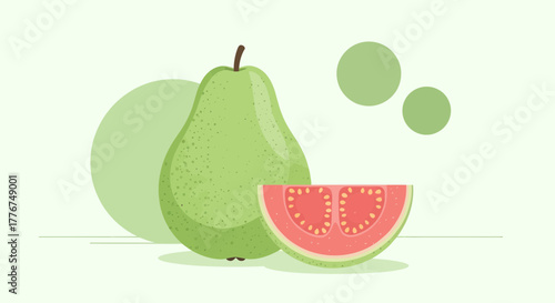 Fresh Guava Slice and Whole Fruit Illustration Against Green Background Design