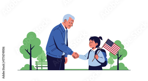 A military veteran shaking hands with a patriotic young girl holding an American flag. Represents respect, thanks, and honoring service and Veterans Day