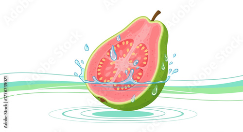 Fresh Guava Slice Splashing in Refreshing Water with Graphic Elements and Artistic Touch