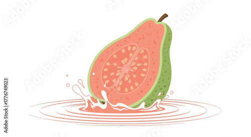 Fresh Guava Slice Splashing in Juice with Water Ripples Artistic Illustration