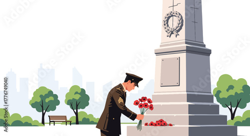Flat vector of soldier placing flowers at war memorial statue in city park on Veterans Day, quiet moment of reflection