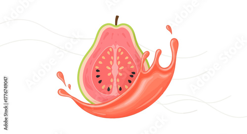 Fresh Guava Slice Splashing Juice Illustration With White Background And Clean Lines