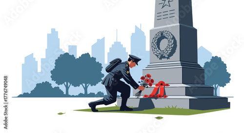Flat vector of soldier placing flowers at war memorial statue in city park on Veterans Day, quiet moment of reflection