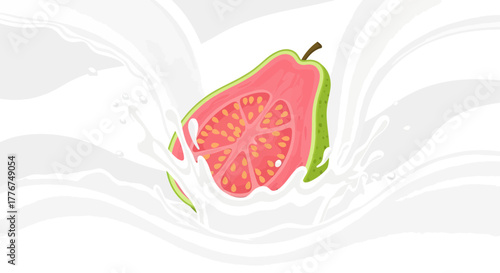 Fresh Guava Sliced in Milk Splash, Healthy Drink Concept, Vibrant and Delicious