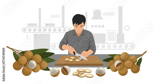 Fresh Fruit Slicing Process: A Worker Preparing Longan for Further Production