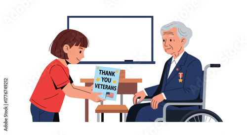 Flat vector of student giving handmade “Thank You Veterans” card to elderly veteran in school classroom