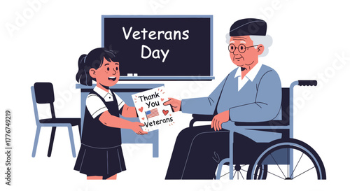 Flat vector of student giving handmade “Thank You Veterans” card to elderly veteran in school classroom