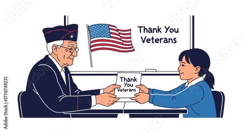 Flat vector of student giving handmade “Thank You Veterans” card to elderly veteran in school classroom