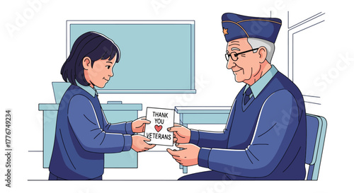 Flat vector of student giving handmade “Thank You Veterans” card to elderly veteran in school classroom