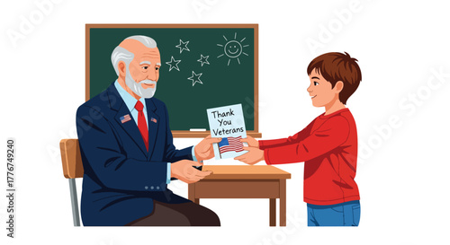 Flat vector of student giving handmade “Thank You Veterans” card to elderly veteran in school classroom