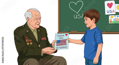 Flat vector of student giving handmade “Thank You Veterans” card to elderly veteran in school classroom