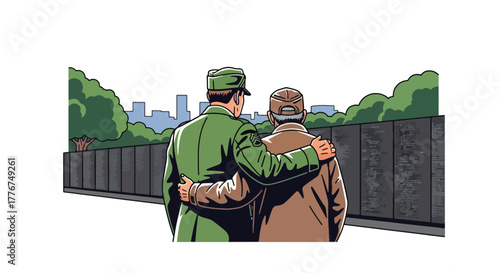 Flat vector of American veteran saluting at the Vietnam Veterans Memorial Wall, symbolizing respect, remembrance, and national pride