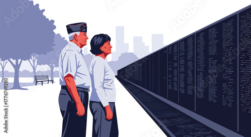 Flat vector of American veteran saluting at the Vietnam Veterans Memorial Wall, symbolizing respect, remembrance, and national pride