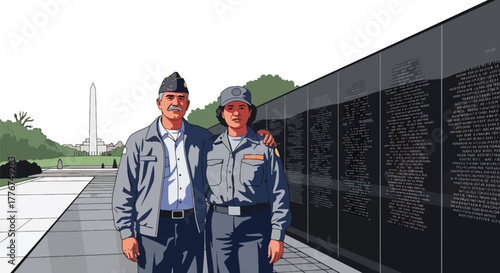 Flat vector of American veteran saluting at the Vietnam Veterans Memorial Wall, symbolizing respect, remembrance, and national pride