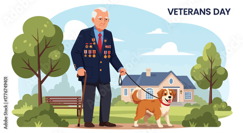 Flat vector of veteran walking dog through park decorated with small US flags, calm and thankful Veterans Day morning