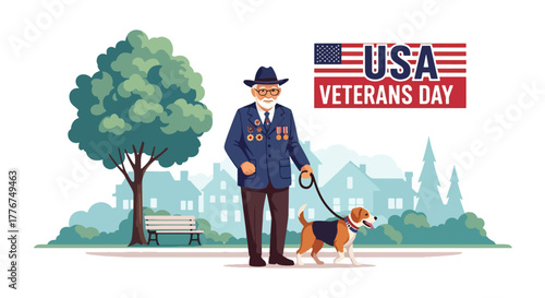 Flat vector of veteran walking dog through park decorated with small US flags, calm and thankful Veterans Day morning
