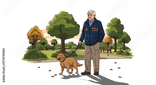 Flat vector of veteran walking dog through park decorated with small US flags, calm and thankful Veterans Day morning