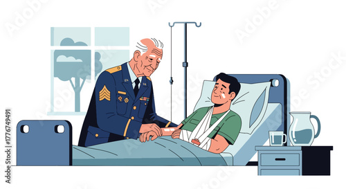Flat vector of veteran visiting injured soldier in hospital room, compassion, healing, and care on Veterans Day