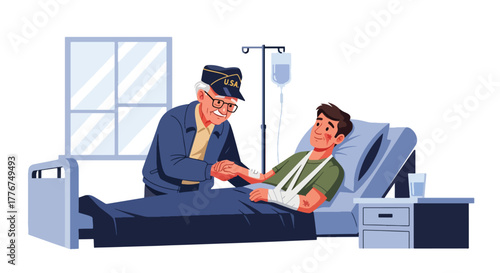 Flat vector of veteran visiting injured soldier in hospital room, compassion, healing, and care on Veterans Day