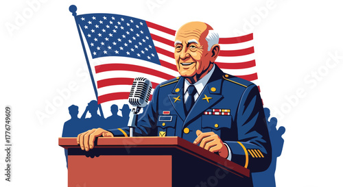 Flat vector of veteran giving motivational speech at public park on Veterans Day, empowerment and equality theme