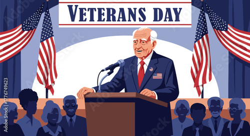 Flat vector of veteran giving motivational speech at public park on Veterans Day, empowerment and equality theme