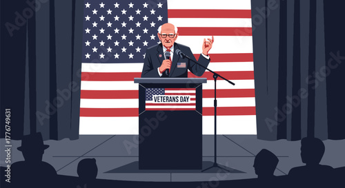 Flat vector of veteran giving motivational speech at public park on Veterans Day, empowerment and equality theme