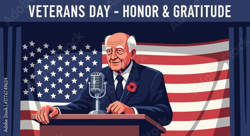 Flat vector of veteran giving motivational speech at public park on Veterans Day, empowerment and equality theme