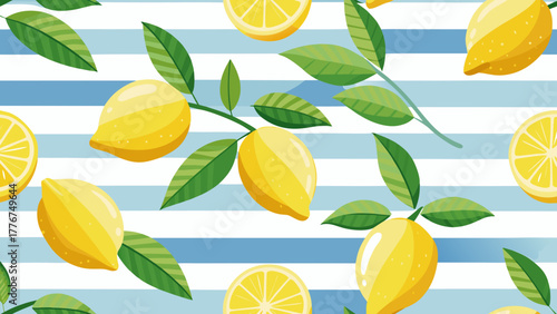Seamless Summer Lemon Pattern with Green Leaves and Blue Stripes Background - Vibrant Citrus Fruit Tropical Wallpaper Design