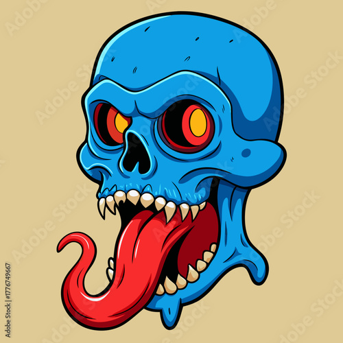 Vibrant Blue Zombie Skull with Licking Long Red Tongue and Evil Yellow Eyes - Horror Tattoo Art Streetwear Mascot Design
