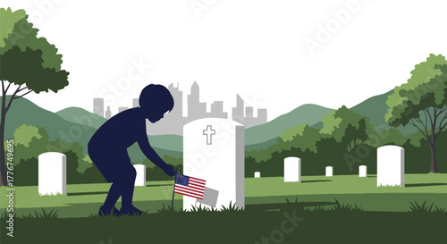 Flat vector of child placing American flag on veteran’s grave at cemetery, remembrance and gratitude on Veterans Day