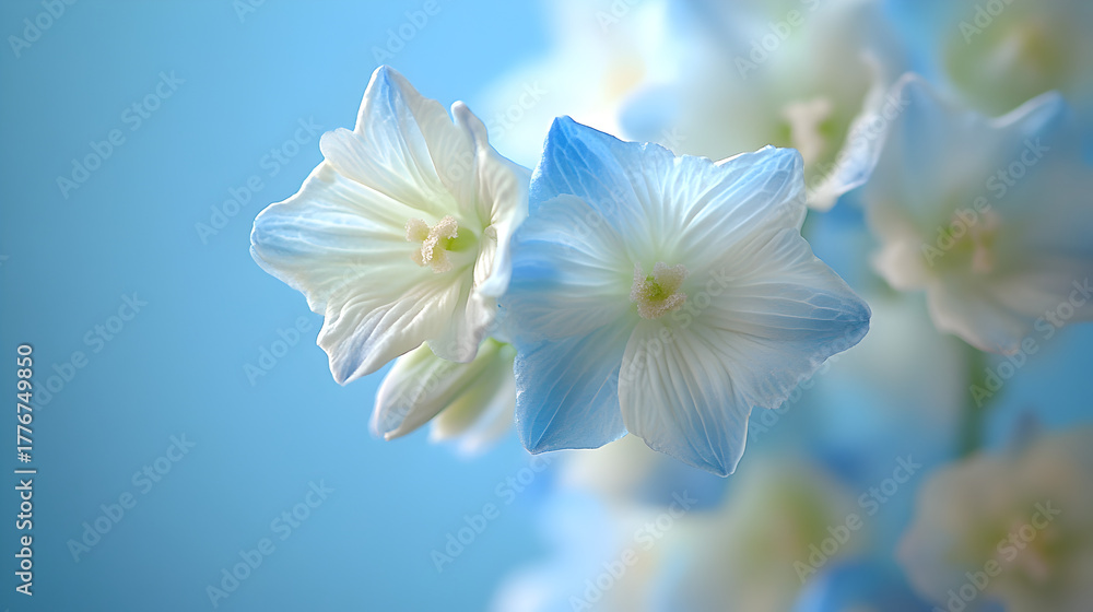 Fototapeta premium Close up macro of delicate white and blue hydrangea petals with soft focus and a dreamy pastel blue background