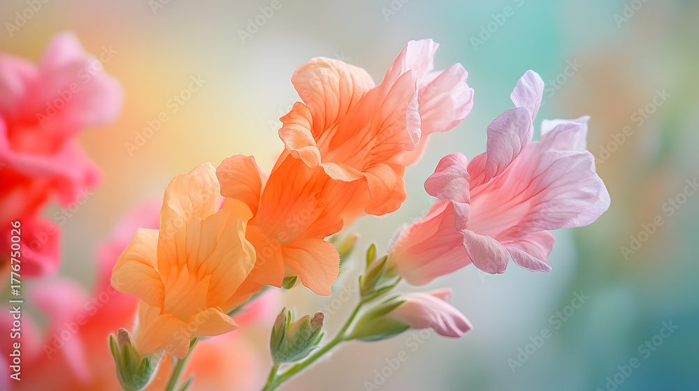 Fototapeta premium Soft focus pastel pink and orange snapdragon flowers bloom gently in a sunlit garden with a dreamy bokeh background