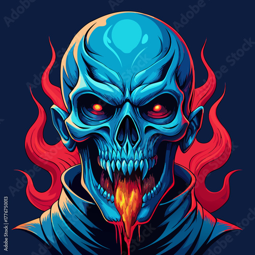 Vibrant Blue Zombie Skull with Licking Long Red Tongue and Evil Yellow Eyes - Horror Tattoo Art Streetwear Mascot Design