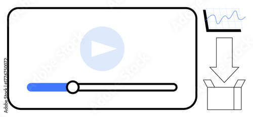 Media player interface with playback bar, analytics graph, download arrow, and open box. Ideal for media streaming, analytics, downloads, content sharing, digital marketing UX design simple flat