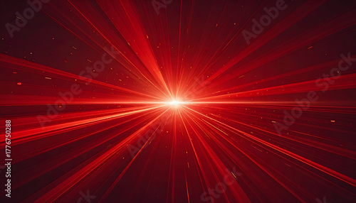 Abstract background with a powerful red light source, radiant beams, and an energy flare