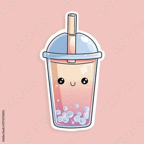Wallpaper Mural Cute cartoon bubble tea aesthetic cup kawaii expression with big pearls Torontodigital.ca