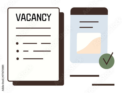 Job vacancy document with bullet points and approved application form featuring a green checkmark. Ideal for employment, recruitment, HR, hiring, career opportunities, job posting, and selection