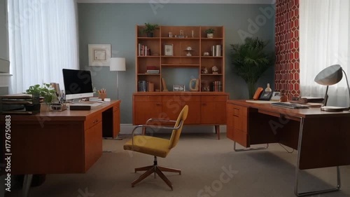 A mid-century modern office space is decorated with warm wood furniture and retro accents.