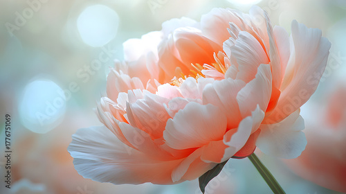 Soft focus close up of a delicate peach colored peony flower with gentle bokeh background