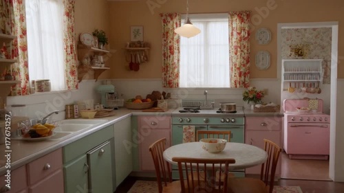 A charming vintage kitchen features pastel cabinets and floral curtains.