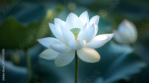 Delicate white lotus flower blooming serenely in a tranquil pond with soft green lily pads in the background