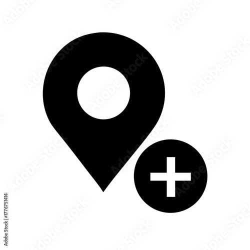 Add location icon – map pin with plus symbol for new destination, GPS marker, geolocation, navigation app interface, place addition, and digital map tools
