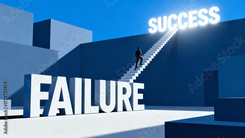 Determined man climbing a bright staircase from 