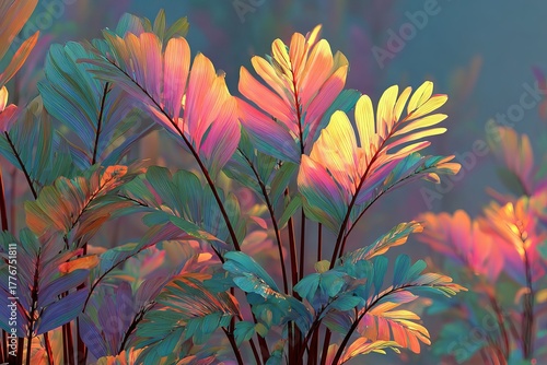 vibrant tropical leaves in bold gradient hues, futuristic background. Generative AI